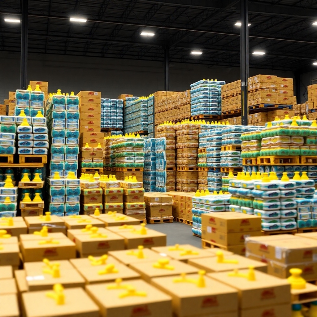 A 4K image showing a large quantity of Lanka Rubber Toys products neatly stacked in a warehouse, ready for shipment.  The image should convey a sense of scale and efficiency.  Use professional warehouse photography style, emphasizing the organized storage and readiness for distribution.