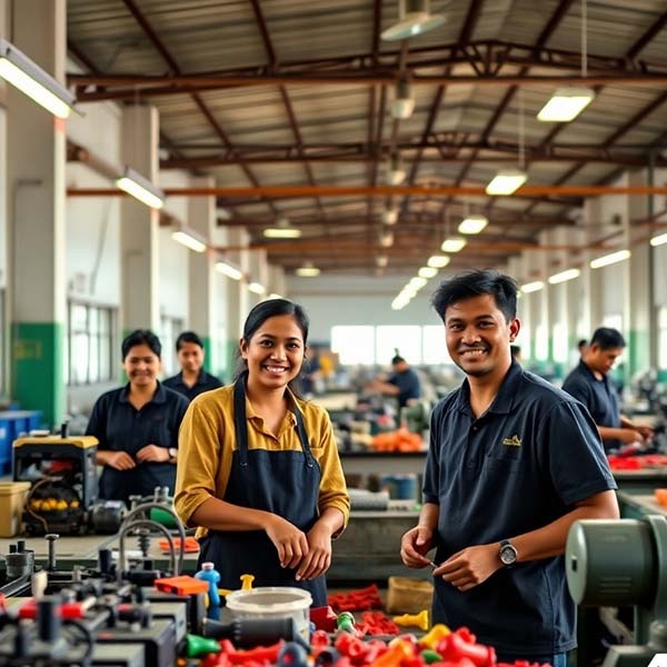 A 4K resolution image emphasizing the ethical and safe working conditions at Lanka Rubber Toys. The image could focus on happy workers in a clean and well-lit factory setting, with a focus on teamwork and collaboration.  The image should convey a feeling of safety, fairness, and respect for workers.  Use warm, natural lighting and a slightly elevated camera angle to showcase the entire workspace. The style should be similar to lifestyle photography focusing on positive working environments.