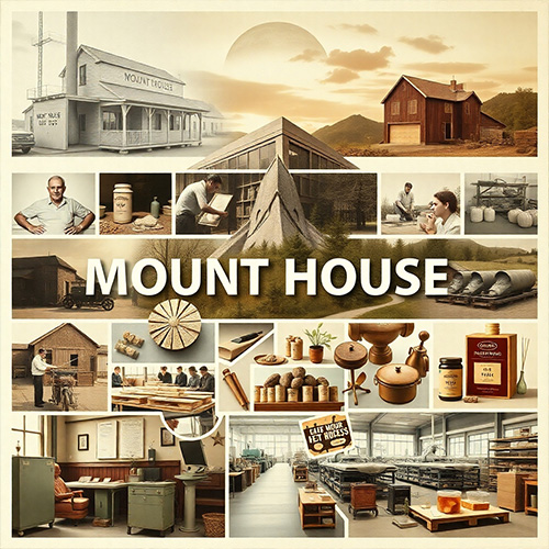 Photorealistic image: A chronological montage showcasing Mount House's evolution through the years. Include vintage photos alongside modern-day images of the factory and products. Use a warm, nostalgic color palette, focusing on evolution and growth. Highlighting key milestones and achievements. Include product shots and factory imagery