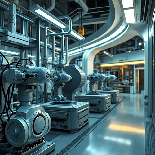 Photorealistic image: A futuristic setting showcasing the advanced machinery and technology at Mount House. Depict cutting-edge robotic and automation systems. The lighting should be modern and clean, highlighting technological advancement.