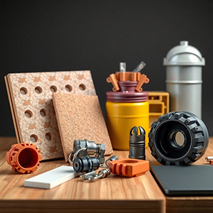 Photorealistic image: Diverse product shots – construction material, automotive parts, industrial components. Showcase applications and versatility.  Use a realistic and professional style