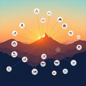 Stylized image: A network visualization showing Mount House's connections across different industries and regions.  The overall style should convey the extensive reach of the company.
