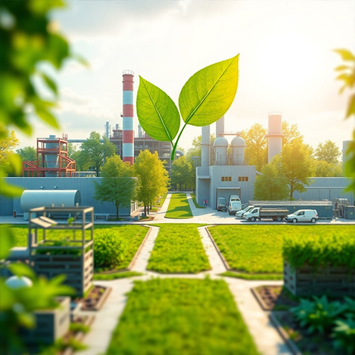 Photorealistic image:  Highlighting the environmentally friendly aspects of our facilities. Depict modern, sustainable manufacturing techniques.