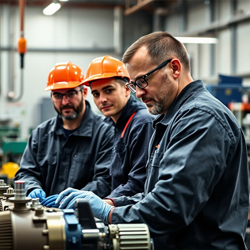 Photorealistic image: Focus on the company's skilled employees and their dedication to manufacturing. Capture teamwork and professionalism.