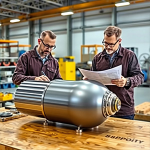 Photorealistic image: Showcase a custom-made product alongside engineers reviewing design specifications.  Emphasize precision and attention to detail