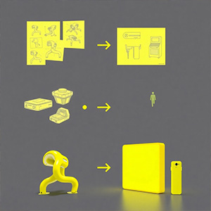Stylized image: A visual representation of the design process with sketches, 3D models and final products. Modern, clean and high-tech