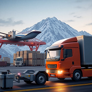 Photorealistic image: Depict the timely and efficient shipping process of Mount House products.  Show logistics and efficient operations