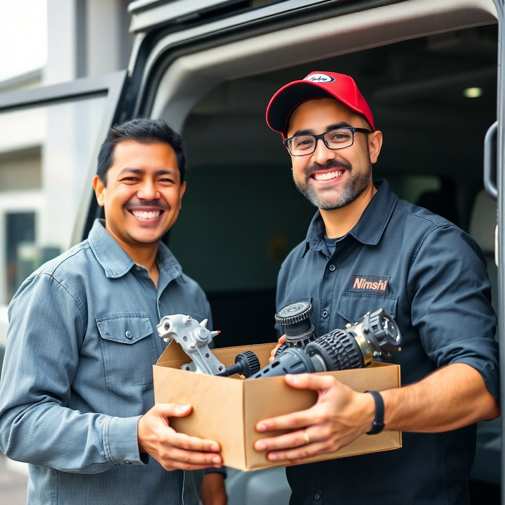 An image depicting a happy customer receiving a delivery of high-quality auto parts. This should showcase Nimshi's exceptional customer service and delivery of goods.