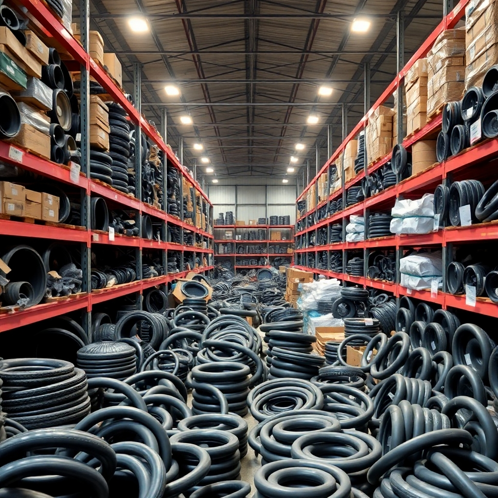 An image depicting a large, organized warehouse filled with various rubber auto parts, showcasing their quantity and variety. Emphasize the size, organization, and cleanliness of the facility. Use good lighting to make the parts clearly visible.