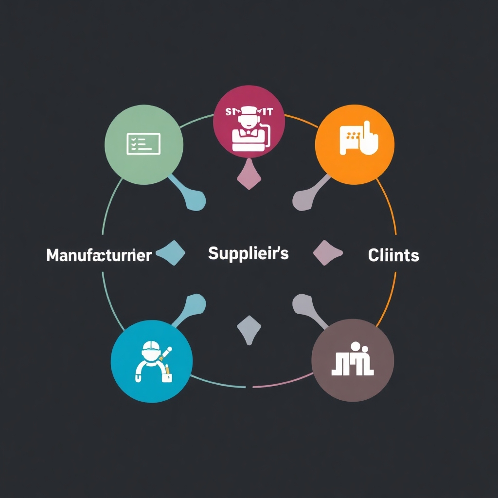 An image depicting the collaboration between different stakeholders (manufacturers, suppliers, clients) within our supply chain. All stakeholders should be working closely to deliver high-quality parts.