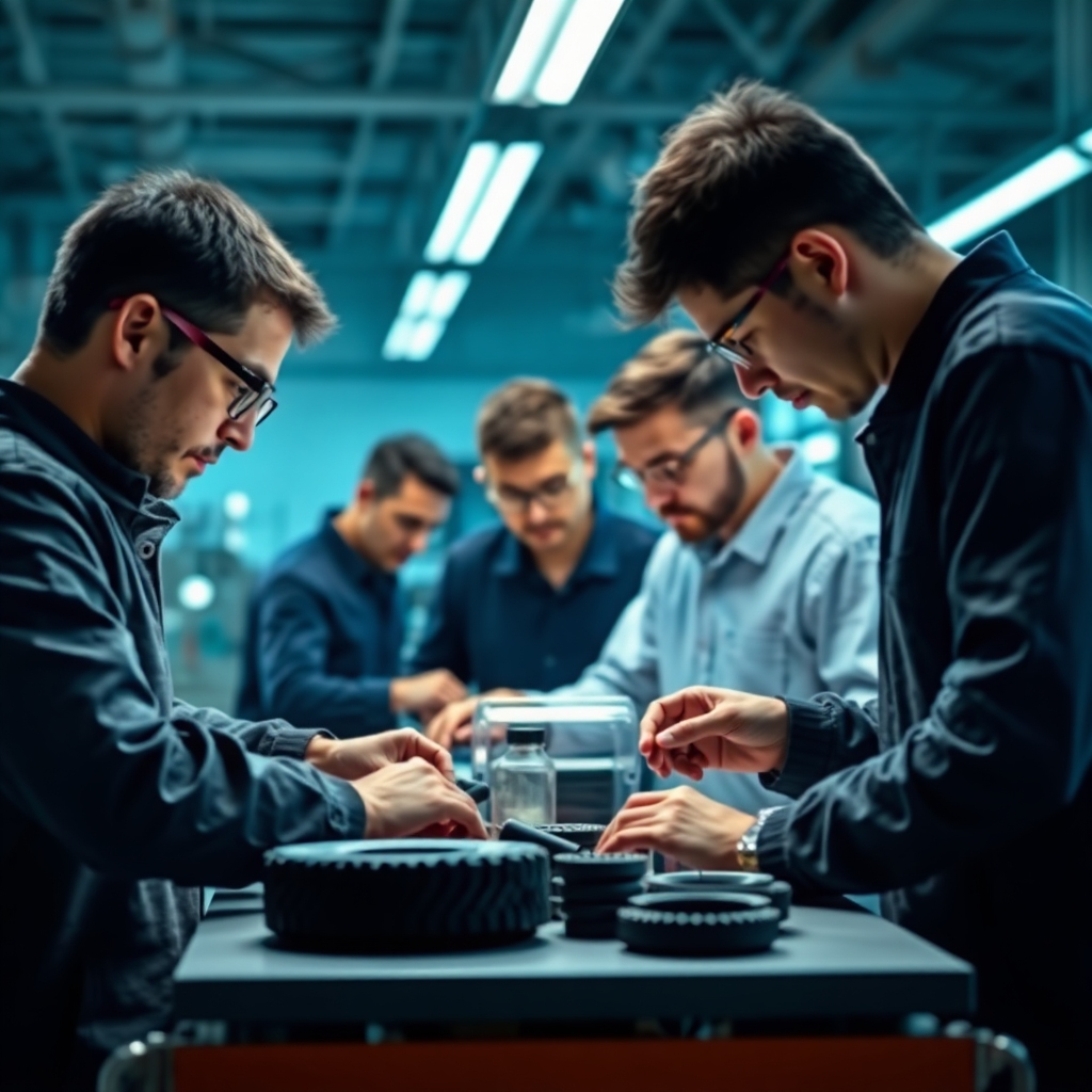 An image showcasing a team of engineers working on a new design of rubber auto parts. Focus on the innovation and customization offered by Nimshi. The image needs to showcase Nimshi's tailored solutions for different clients.