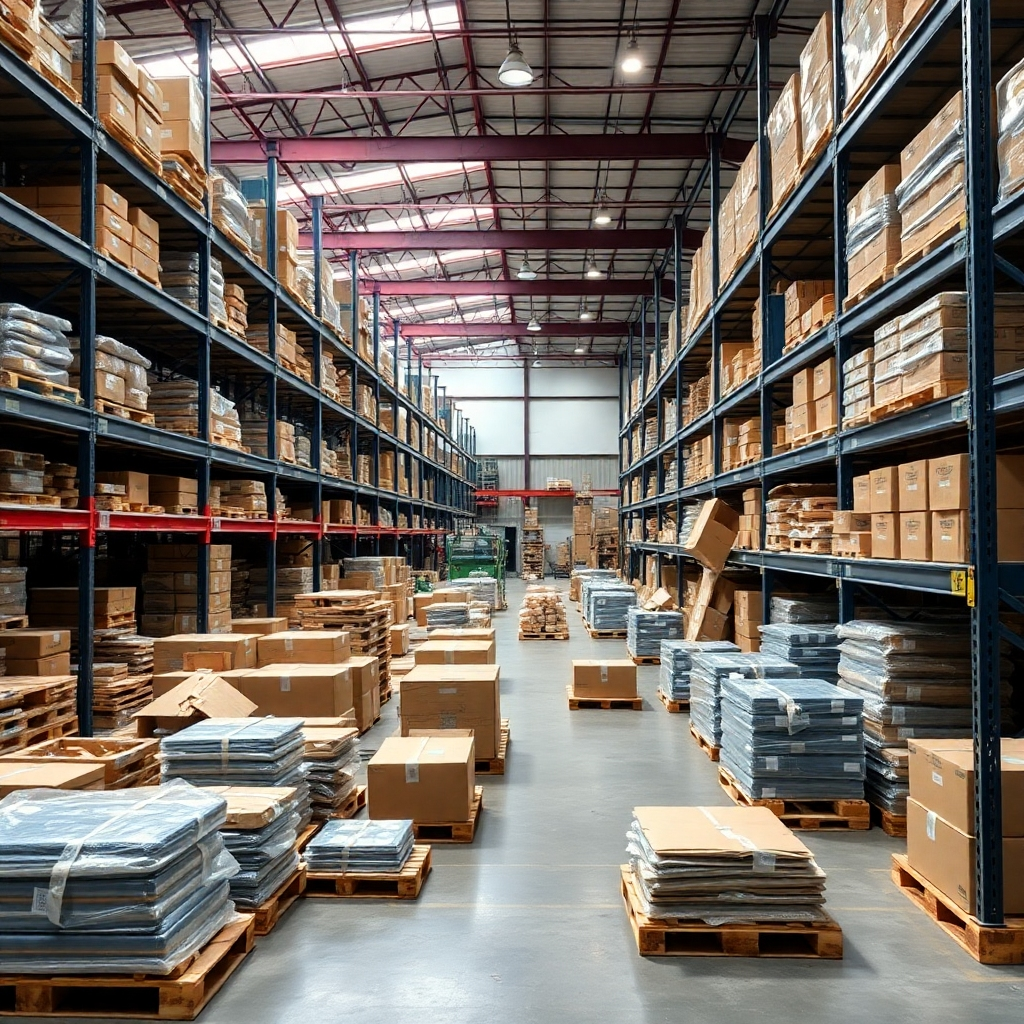 An image showcasing a warehouse with parts being prepared for efficient shipment. The focus should be on efficiency, accuracy, and timely delivery.