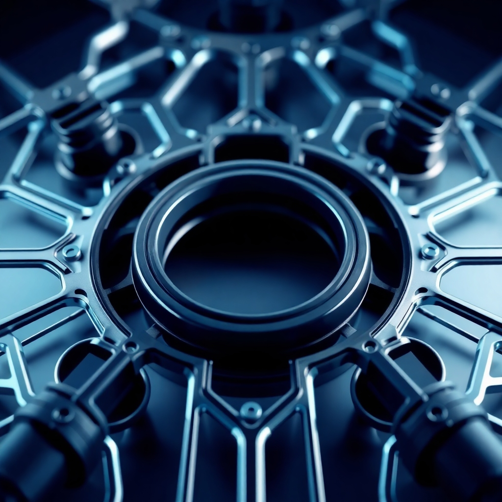 Create a stylized image for Nimshi Auto Industries representing our commitment to quality and precision in rubber auto parts manufacturing. The image could depict a stylized representation of interconnected rubber auto parts, forming a seamless network, or an abstract visualization of advanced rubber manufacturing, incorporating high-tech elements in a cool color palette. Employ a clean and modern style, potentially referencing industrial design or technological imagery. The camera angle could be a high-angle shot showcasing the intricate design and clean lines, emphasizing the precision and high quality. The color palette should be sophisticated, using a mix of cool greys, blacks, and metallic accents.  The composition should be visually engaging and balanced. Ensure the image is high quality with a 4K resolution, and a modern, clean style