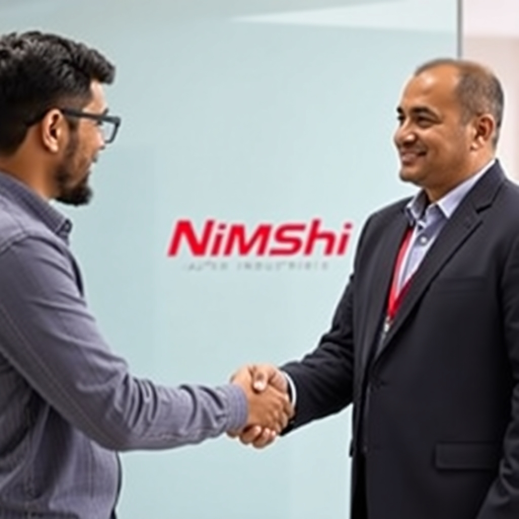 Image of a handshake between a client and a representative of Nimshi Auto Industries. Showcase a friendly, collaborative atmosphere.