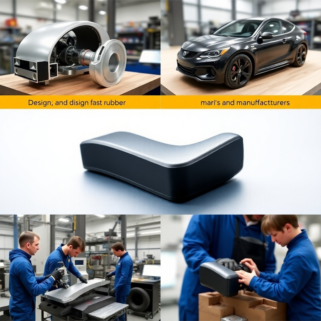 Image showcasing the design and manufacturing process of a custom rubber auto part. Focus on the collaboration between engineers, designers and manufacturers, resulting in a unique solution.