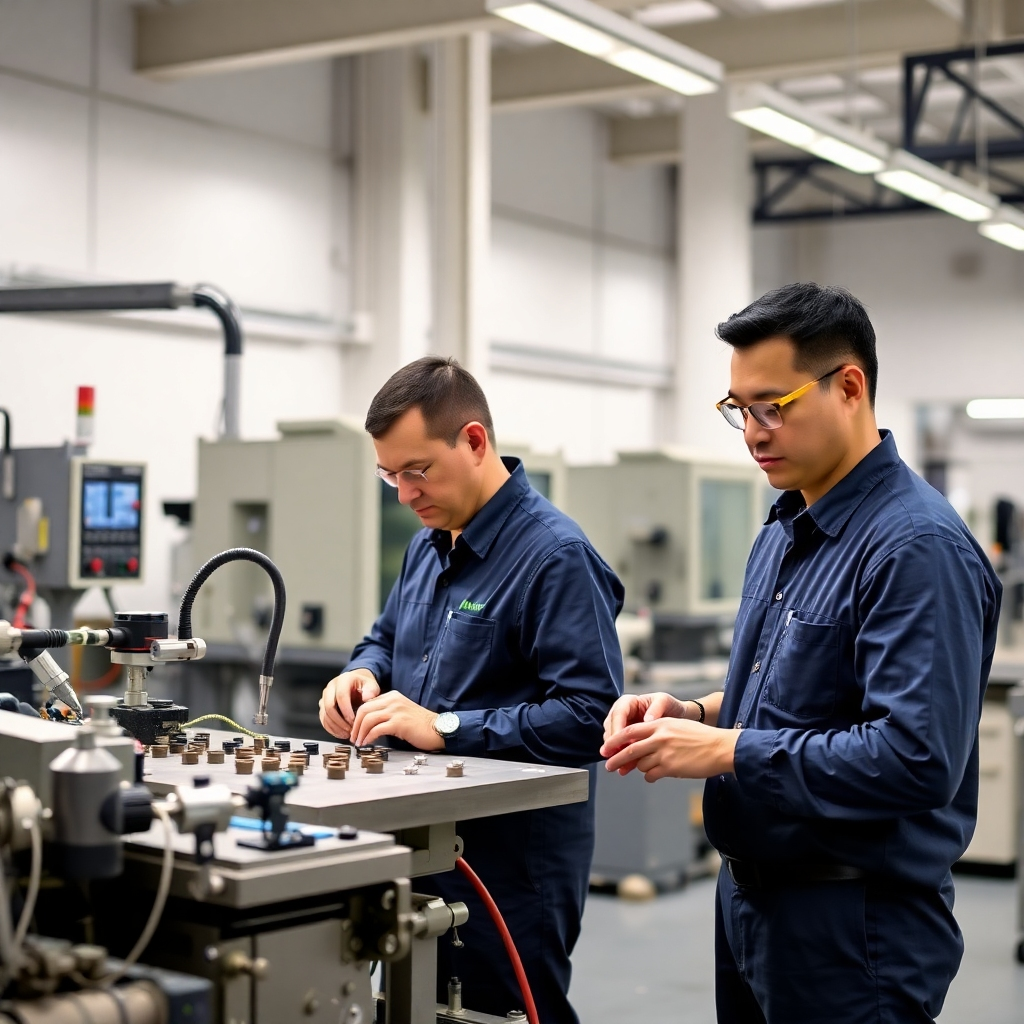 Image showing the dedication of Nimshi's workers in a modern, clean facility. Workers in a professional environment should be focused on their tasks, using advanced equipment to manufacture high-quality parts. The focus should be on professionalism and high-quality manufacturing.