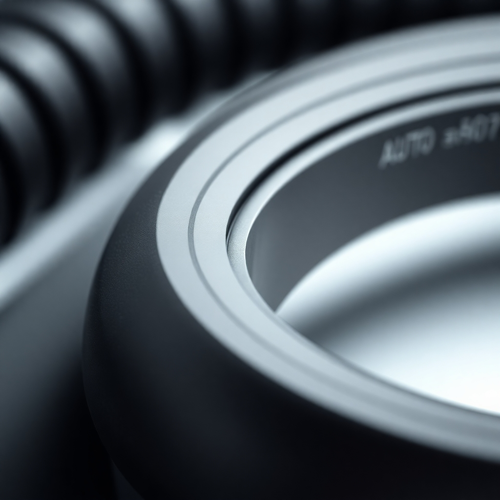 Photorealistic image of a close-up of a high-quality rubber auto part, showcasing its intricate design and precision manufacturing.  Focus on the fine details, textures, and the high quality of the material. Use a bright, clean setting with studio-quality lighting to emphasize the part's quality.