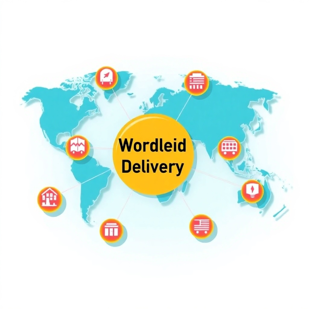 Stylized image of a global network, representing our reliable supply chain.  The network should connect the different locations (manufacturing, distribution centers, etc.) using various points and lines. This image needs to showcase worldwide delivery.