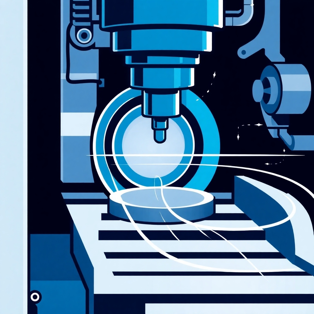 Stylized image representing precision manufacturing. This could be an abstract visualization of machinery with precise movements creating a high-quality rubber part. Focus on lines, curves, and details showcasing advanced technology.