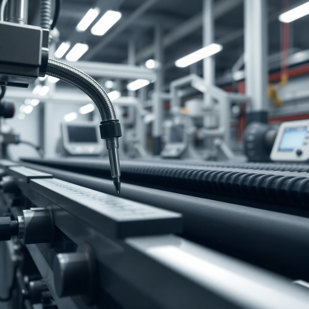 A detailed photorealistic shot of a rubber molding process for bike field guards. The image should highlight the precision and technology involved. The lighting is bright and even, providing clear visibility of the details. The color palette is neutral and professional.  The image resolution should be high quality.