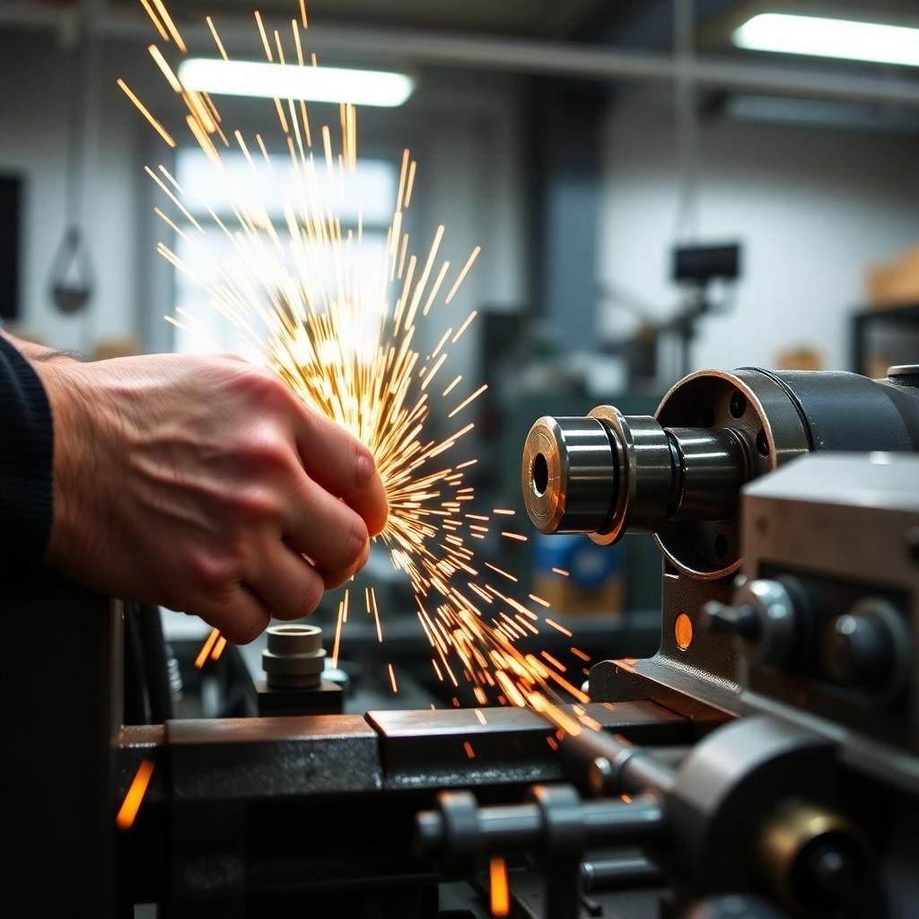 A dynamic image showing skilled hands operating a lathe with sparks flying.  The background is a modern, well-lit workshop. The lighting showcases the precision of the work. The color palette emphasizes the metallic sheen of the machine and the intensity of the work. The style is both professional and dynamic, showing the skill of the machinists.