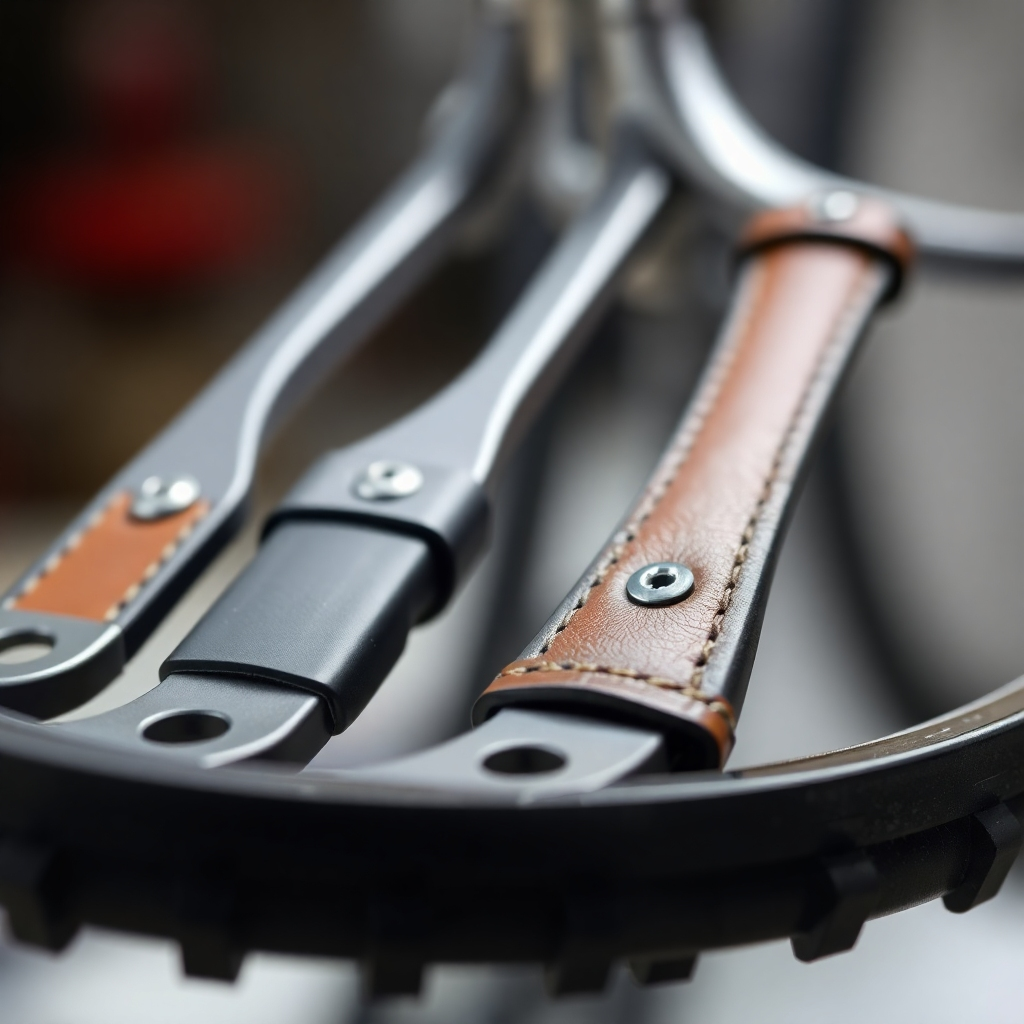 A photorealistic close-up showing quality control checks on finished rubber and leather bicycle components. The image emphasizes precision and attention to detail. The lighting is bright, allowing for a clear view of any potential defects.  The style is clean and professional.  The image resolution should be high quality.