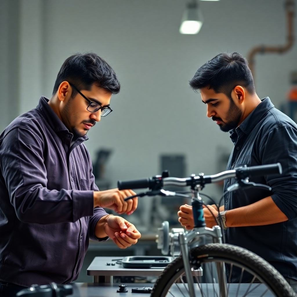 A photorealistic image depicting a collaboration between Prasad Engineering Works and a bicycle manufacturer. The image might include engineers working together. The lighting should be professional and well-balanced. The color palette should be neutral.  The image resolution should be high quality.