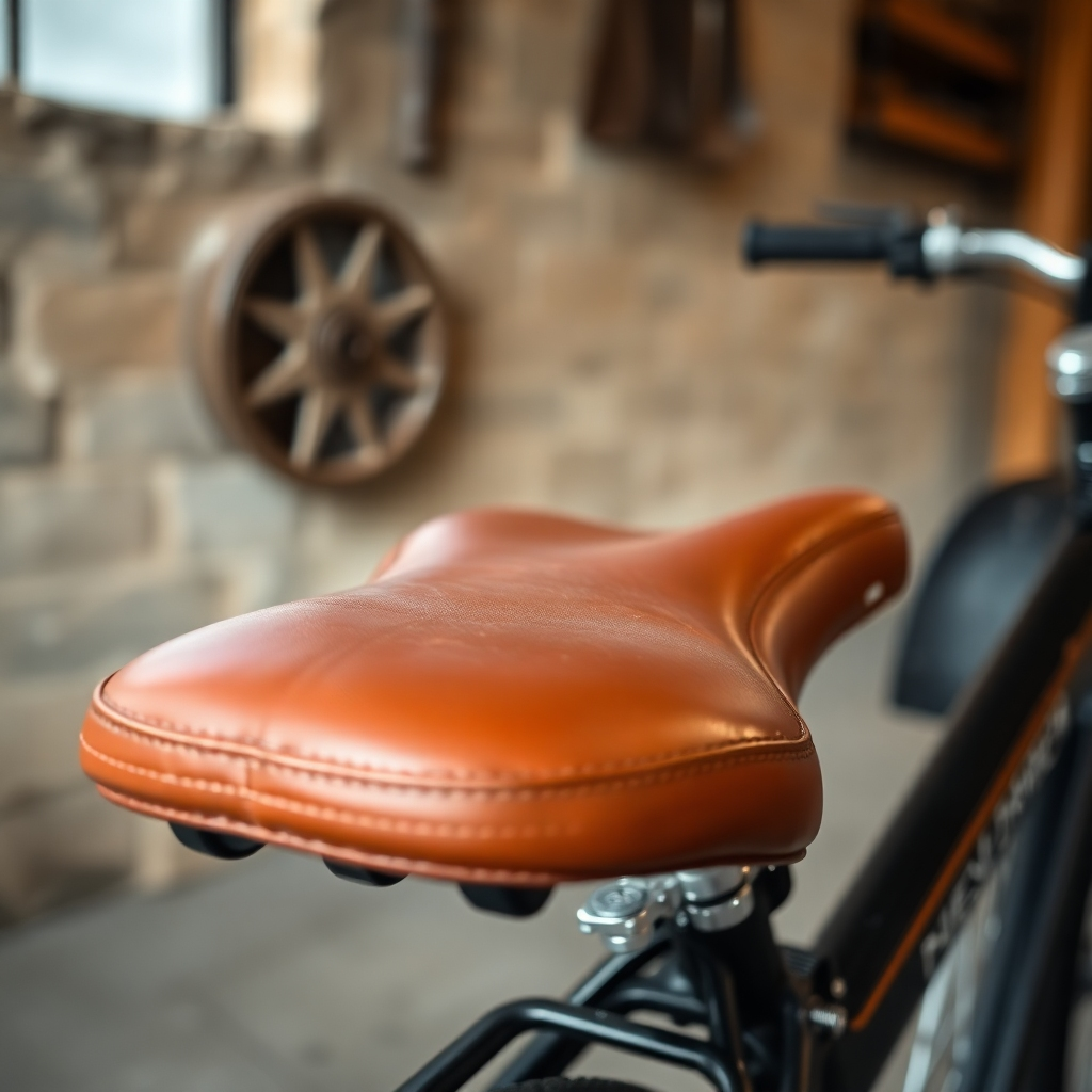 A photorealistic image focusing on a beautifully crafted leather bike seat, showcasing its stitching and texture details.  A neutral, slightly industrial-chic background complements the elegance. The lighting is warm and inviting.  The style should be sophisticated and professional.  The image resolution should be high quality.