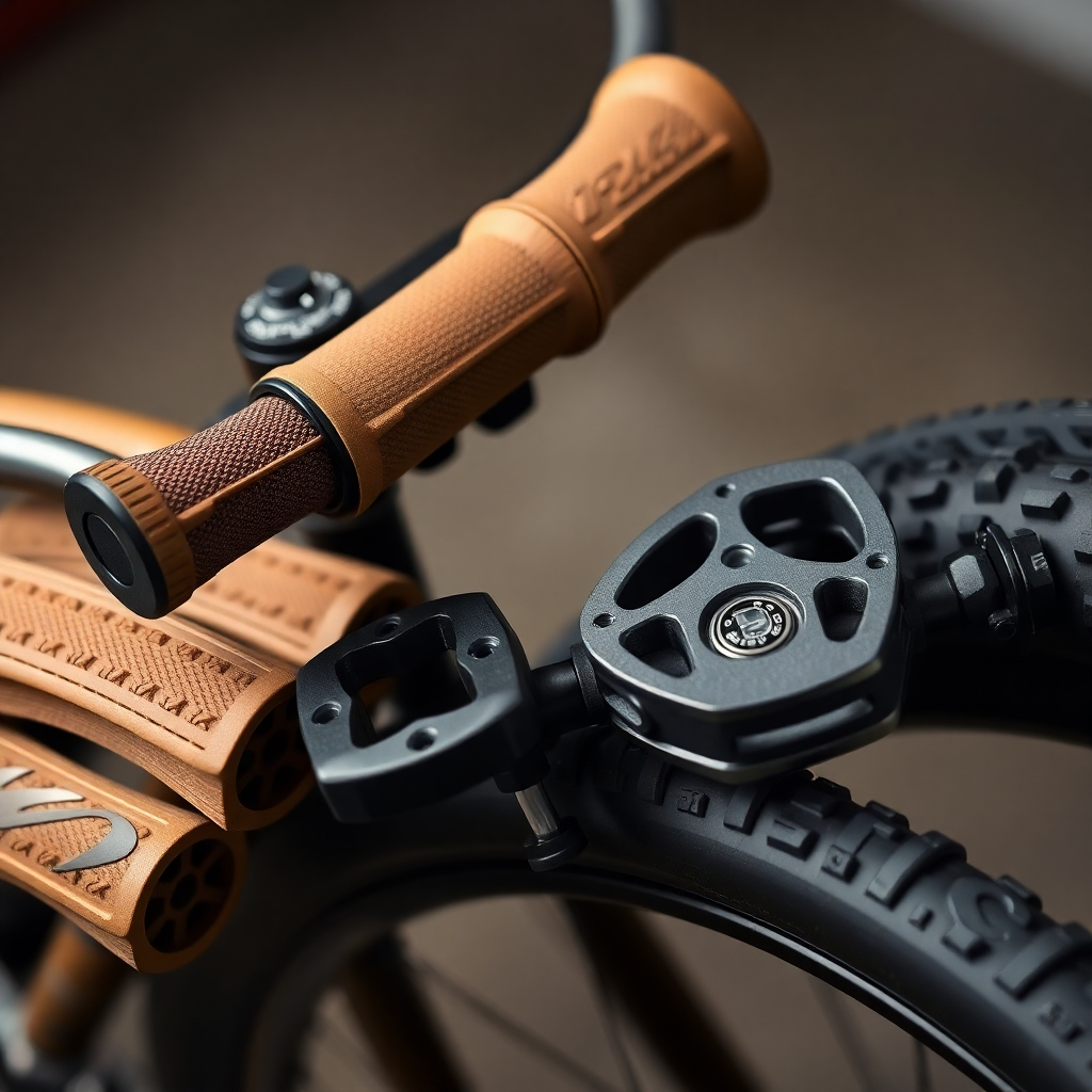 A photorealistic image showcasing a close-up of various high-quality rubber bike parts: handlebar grips, pedals, and tire components, arranged neatly. The background should be subtly blurred. The lighting should be even, highlighting the textures and details of each part.  The style should be clean and professional. The color palette should be muted earth tones. The image resolution should be high quality.