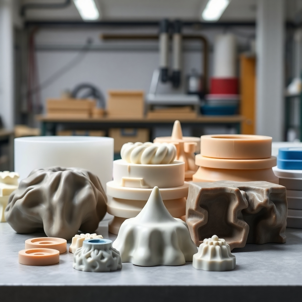 A photorealistic image showing a variety of custom rubber molds, with attention to detail and precision.  The background should be a clean workshop. The lighting should be well-balanced and clear. The color palette should be mostly neutral with pops of color from the molds themselves. The style is professional and clean, showcasing precision.