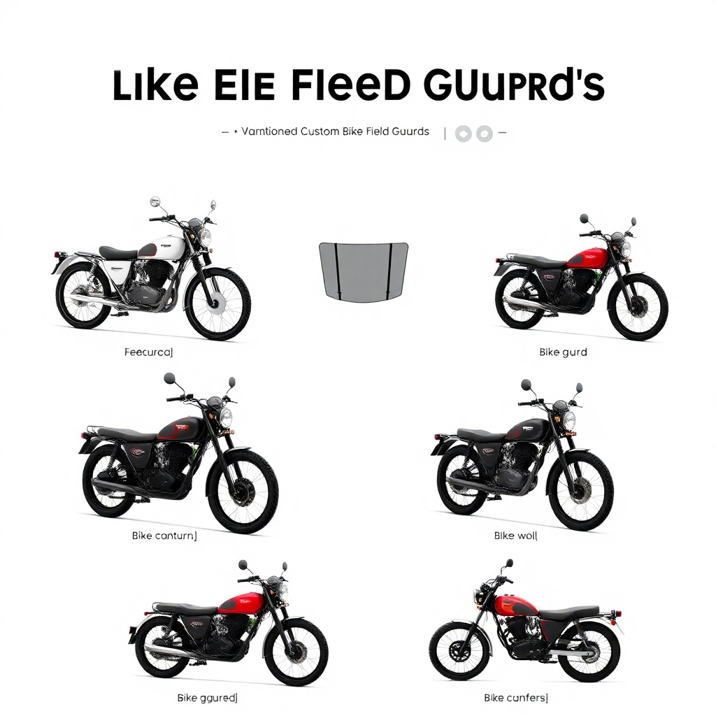 A stylized image depicting several variations of custom-designed bike field guards, each with unique features and designs. The background should be minimalist and clean. The style is modern and professional.  The image resolution should be high quality.