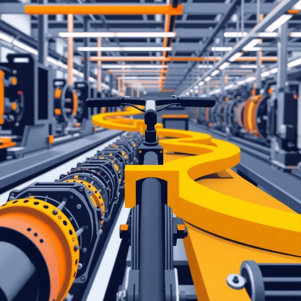 A stylized image showing a streamlined production line for bicycle components. The emphasis is on speed and efficiency. The color palette should be high-tech and professional. The style is modern and industrial.  The image resolution should be high quality.