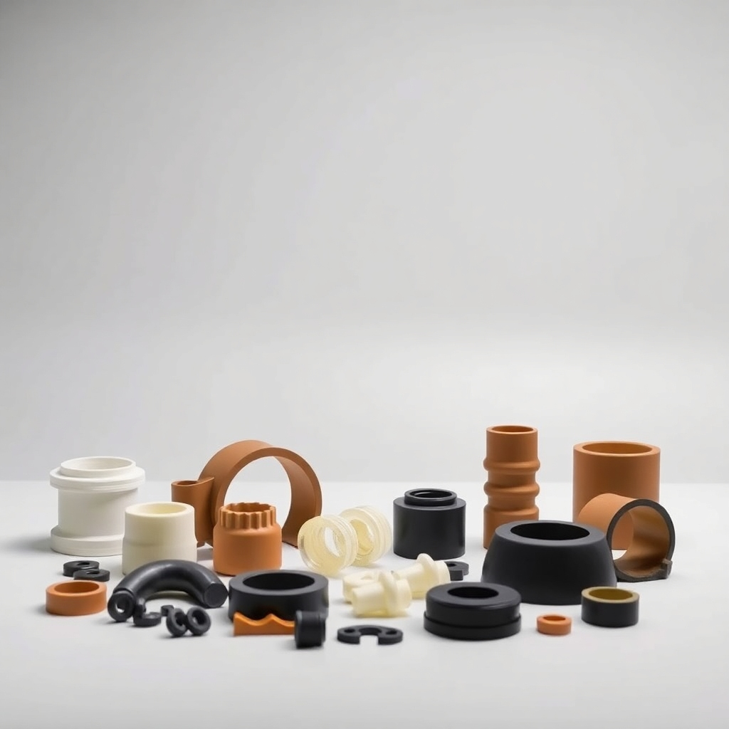 A well-lit image showcasing a variety of custom rubber parts. The background is minimal and professional. The lighting is even and balanced. The color palette is neutral with an emphasis on highlighting the texture of the rubber components. The style is clean and professional, emphasizing the custom nature of the parts.