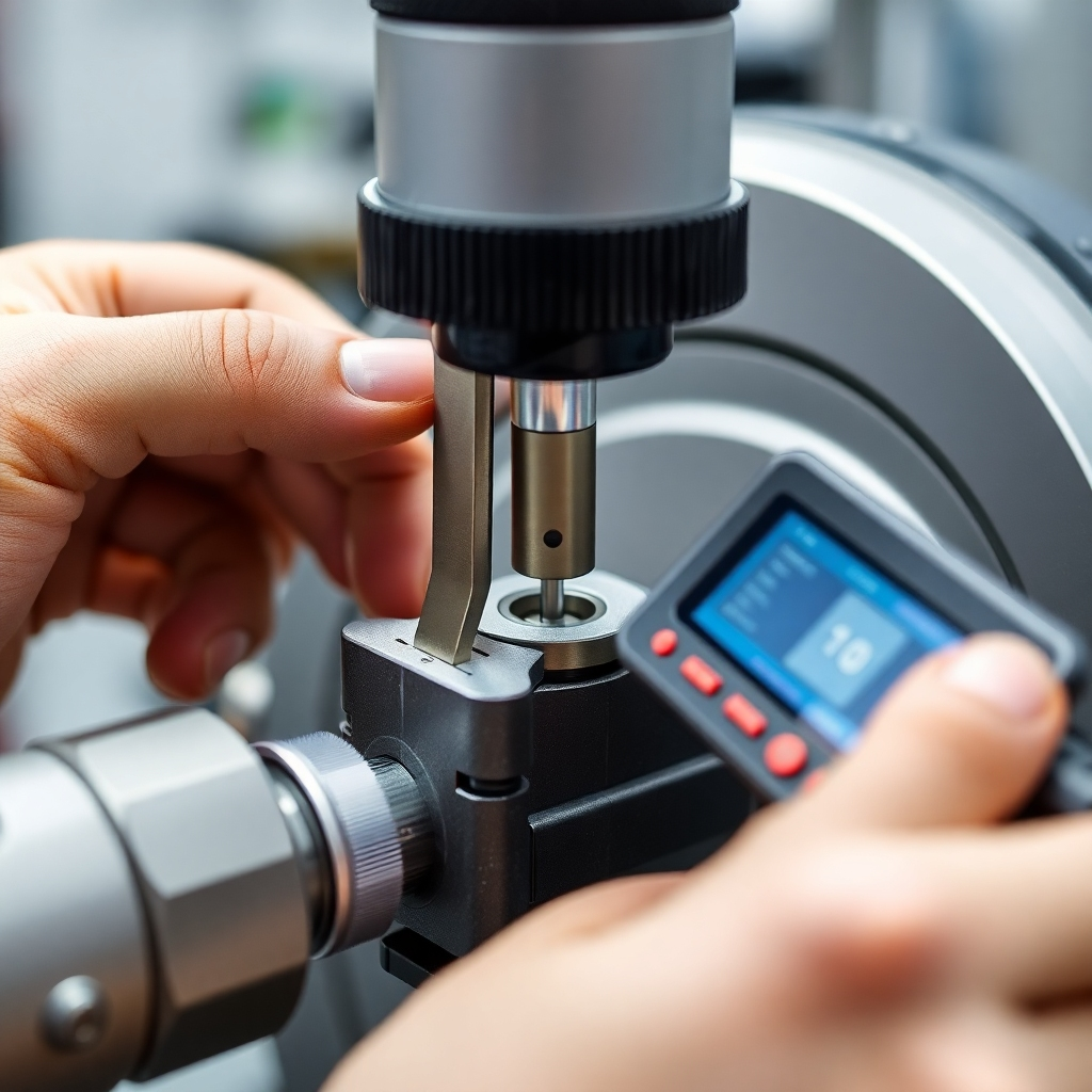 A close-up, detailed image emphasizing the meticulous quality inspection process, perhaps using digital measuring tools and advanced testing equipment.