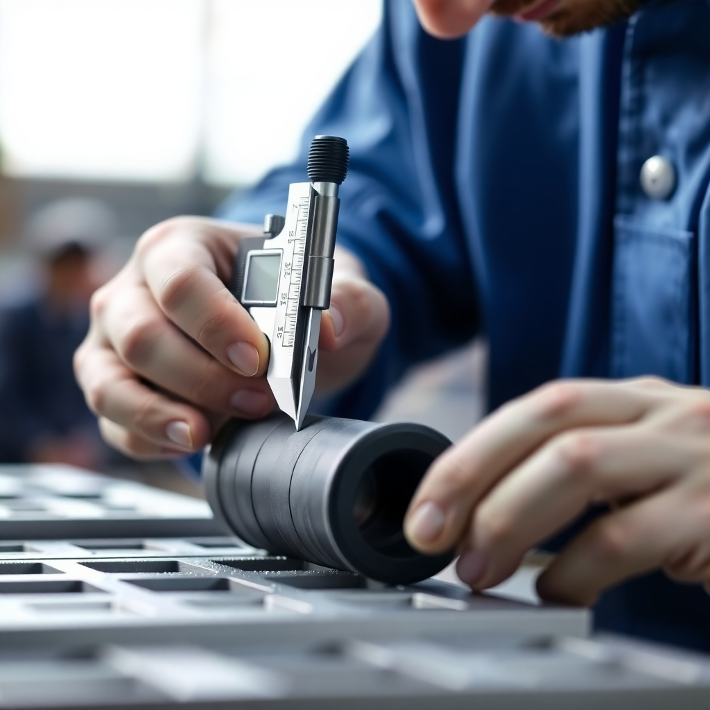 A close-up image of a worker using precision measuring tools on a finished rubber part. The image must emphasize the precision and care in this final inspection stage.
