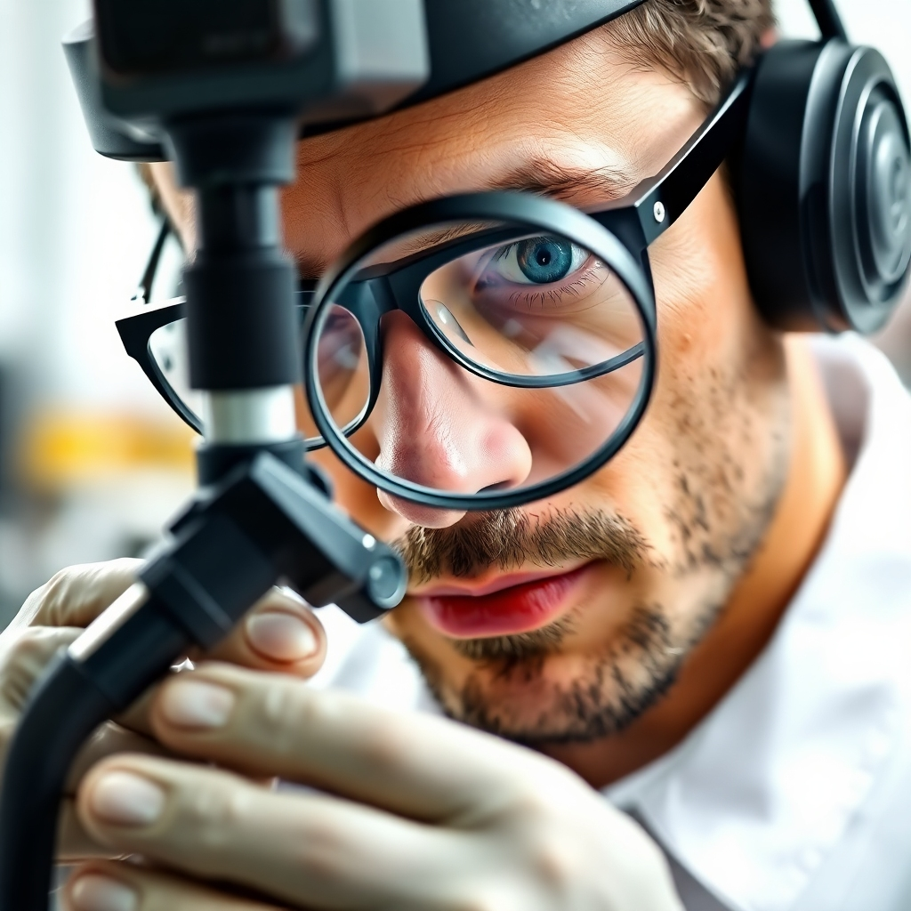 A close-up photorealistic image of a quality control inspector carefully examining a rubber part under a magnifying glass.  The image should have a bright, clean feel, highlighting the detail-oriented nature of the process. Include tools and equipment, showcasing the professional setting. The focus should be sharp on the inspector's face and the part being inspected.