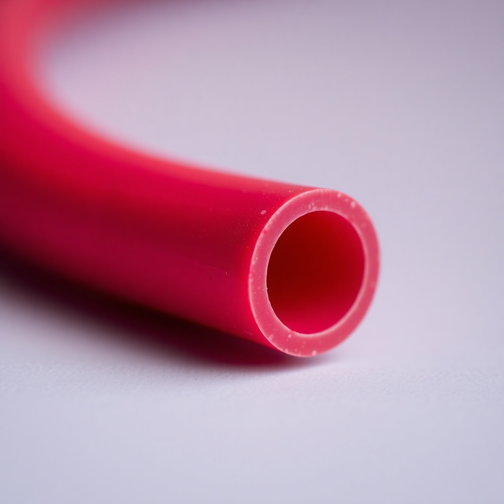 A macro photograph of a rubber part with a vibrant color palette emphasizing its material qualities. Lighting should highlight the rubber’s texture and sheen. The background should be blurred to focus attention on the material itself.