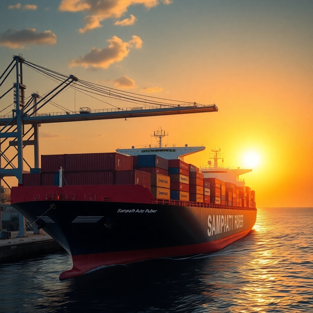 A photorealistic image depicting a container ship loaded with Sampath Auto Rubber products leaving the port in Sri Lanka.  The setting sun casts a warm golden glow on the scene.  The image should convey a sense of efficiency and global reach.