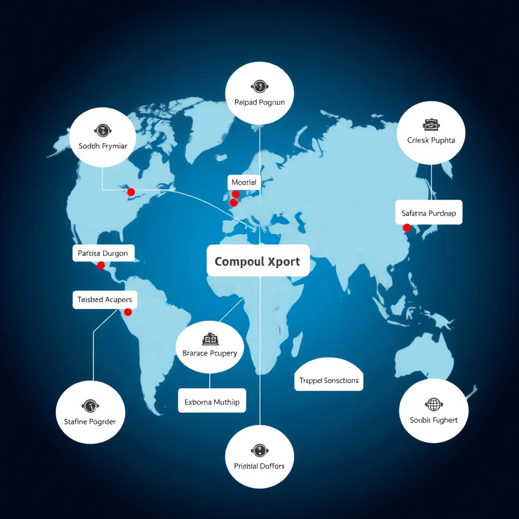 A stylized world map showing various locations, highlighting major export destinations of Sampath Auto Rubber, suggesting a global network and distribution reach.