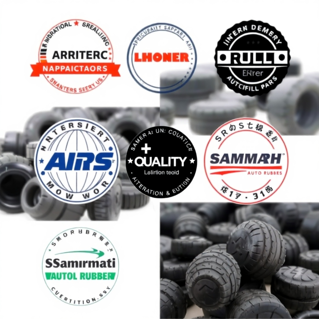 An illustration showcasing various international quality certification logos overlaid on high-quality images of Sampath Auto Rubber parts. The style should be clean and professional, conveying trustworthiness and compliance.
