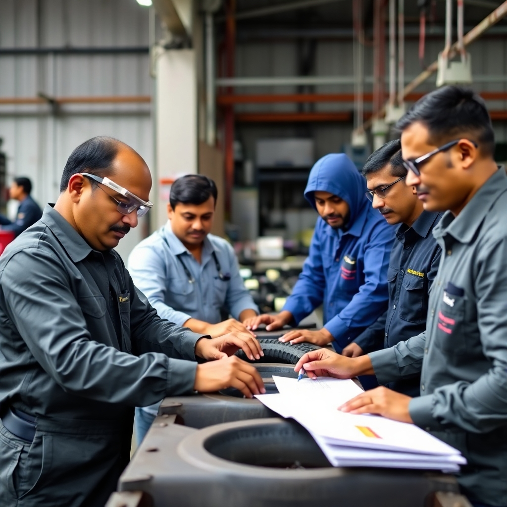 An image depicting collaboration; a diverse team of engineers, workers, and executives from Sampath Auto Rubber working together in the factory.