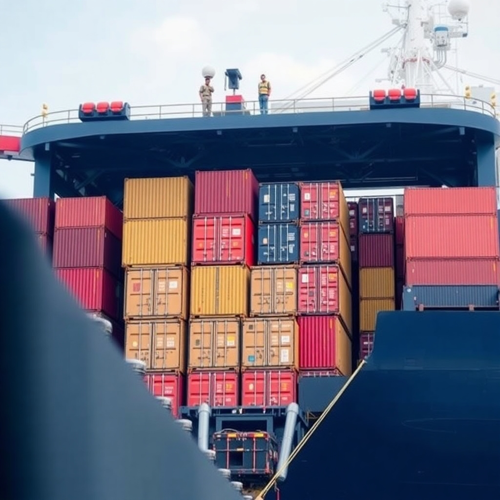 An image of containers being loaded onto a ship, conveying efficient and international shipping capabilities. The image should have a global feel.