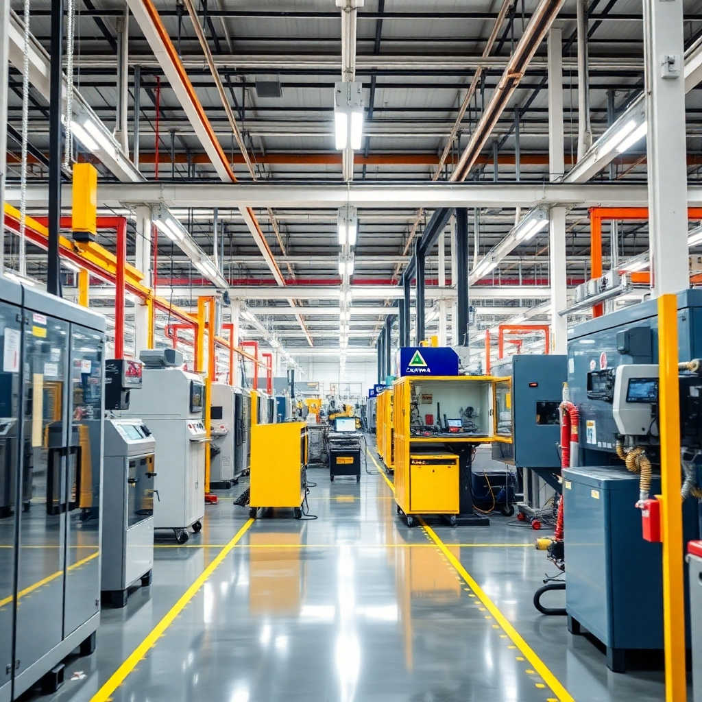 An image of the factory floor, showcasing modern machinery and automated production lines. Use a high dynamic range (HDR) style to portray a bright, clean, technologically advanced workspace.