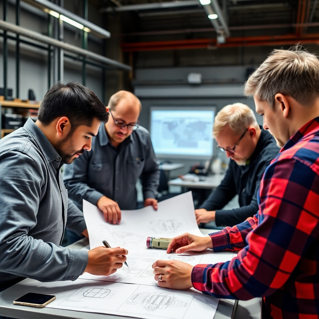 An image showcasing a team of engineers collaborating on a custom design or project, emphasizing tailored solutions for clients. Include CAD drawings and prototypes.