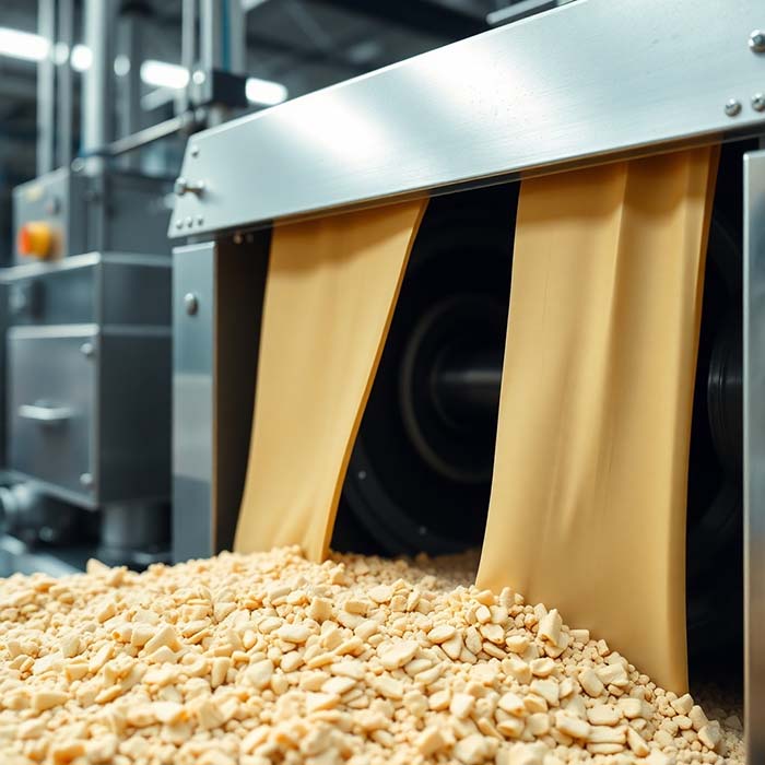 A close-up photorealistic image of raw rubber material being processed in a modern factory. Show sheets of pristine rubber being fed into a sophisticated mixing machine. Lighting should highlight the texture and quality of the raw materials. Camera angle should be slightly elevated, capturing the industrial process in action. Style should be clean and modern.