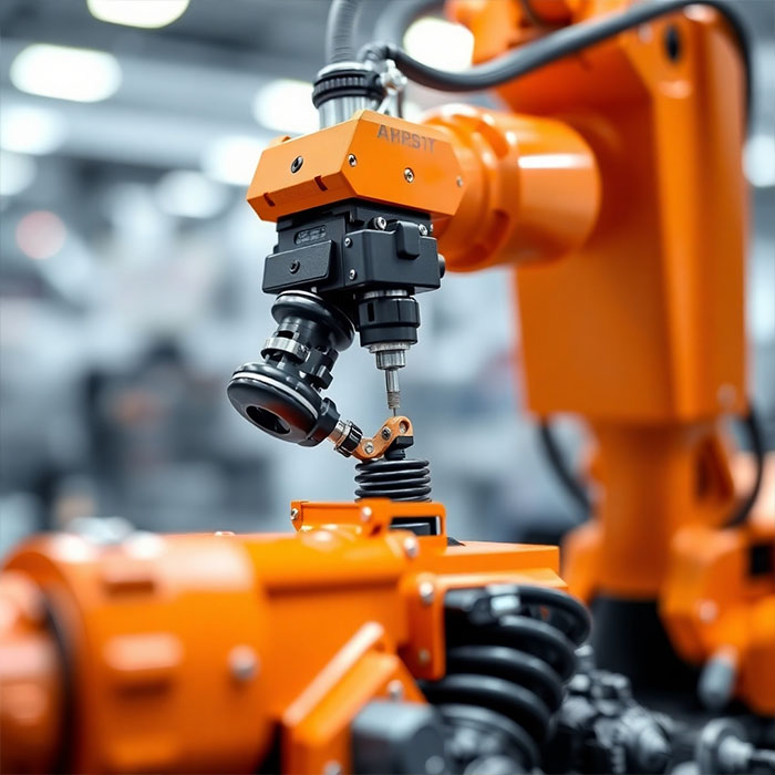 A high-precision robotic arm carefully assembling a small rubber component onto a vehicle suspension system. The robotic arm should be in sharp focus, while the background is slightly blurred to draw attention to the precision of the process. The lighting should be bright and even, highlighting the robotic arm and the component. The overall feel should be modern and technological.
