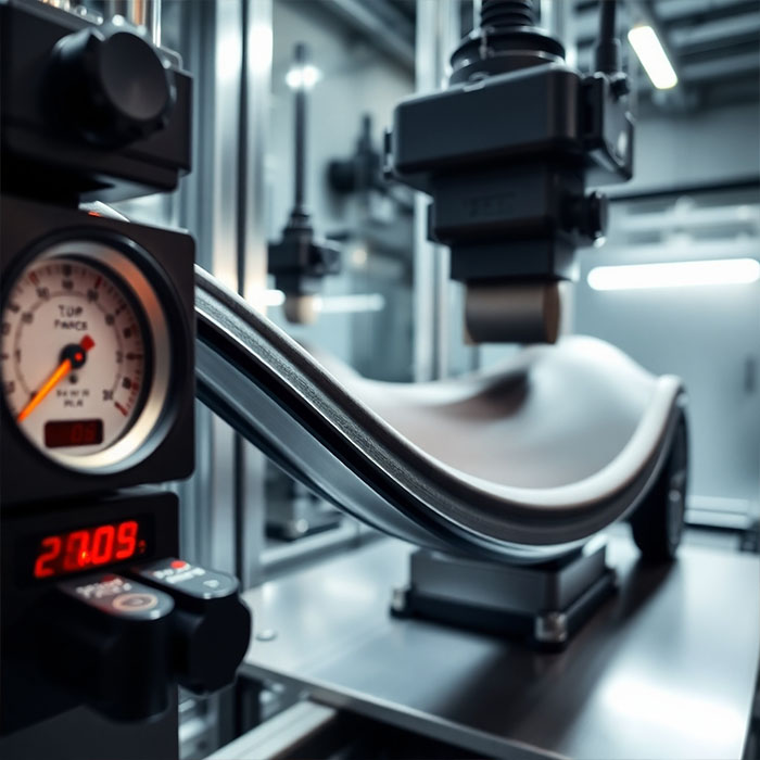A rubber car part being subjected to stress testing in a laboratory setting. Display the rubber part being stretched and compressed by testing equipment, with digital gauges displaying the applied forces and stress levels. Lighting should be dramatic, with the testing equipment in sharp focus and the background slightly blurred.