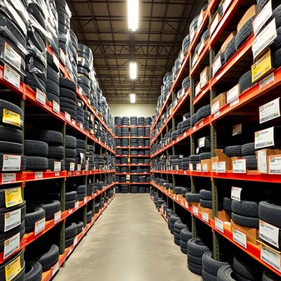 A wide-angle shot showcasing a neatly organized warehouse filled with shelves upon shelves of rubber parts. The shelves are clearly labeled, indicating the different vehicle and motorbike models they serve. Lighting should be bright and even, illuminating the entire warehouse. The camera angle should be slightly elevated, providing a comprehensive view of the warehouse.