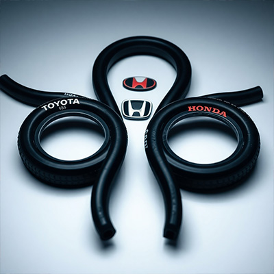A series of rubber parts, each subtly branded with the logos of Toyota, Honda, Isuzu, and Mitsubishi. Arrange the parts in an artistic and visually appealing manner. The lighting should be soft and diffused, highlighting the brand logos and the textures of the parts. The camera angle should be slightly above, capturing the arrangement in its entirety.