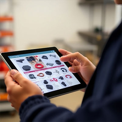 A customer browsing an online catalogue of rubber parts on a tablet. The catalogue should be visually appealing and easy to navigate, with clear images and descriptions of each part. The lighting should be soft and inviting, creating a sense of ease and convenience. The camera angle should be close-up, focusing on the tablet and the customer's hands.